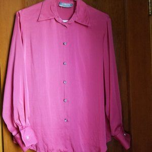 Vintage 90s, satin blouse, round hem, L, M, mop buttons, rose pink,  Braemar